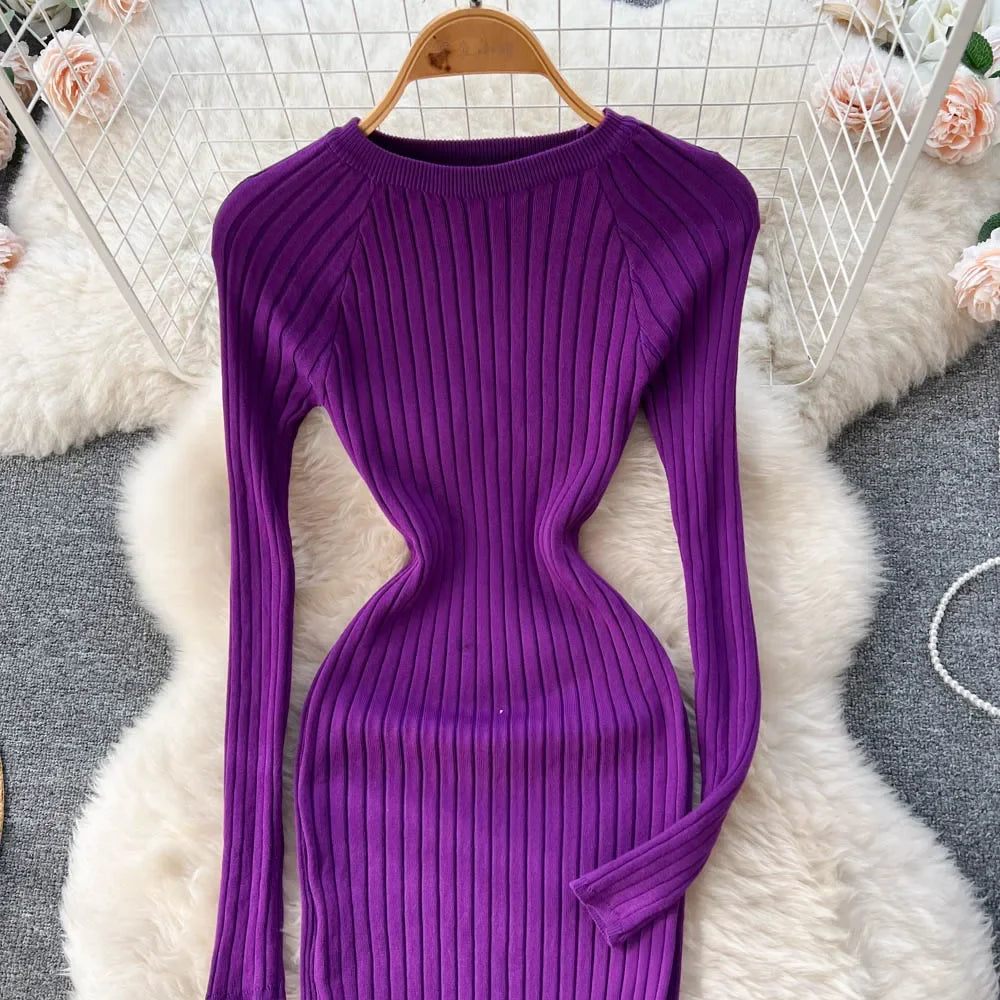 Women Knitted Dress O Neck Sexy Slim Elastic Oversized Basic Bodycon Long Dress Winter knit Warm Sweater Dresses