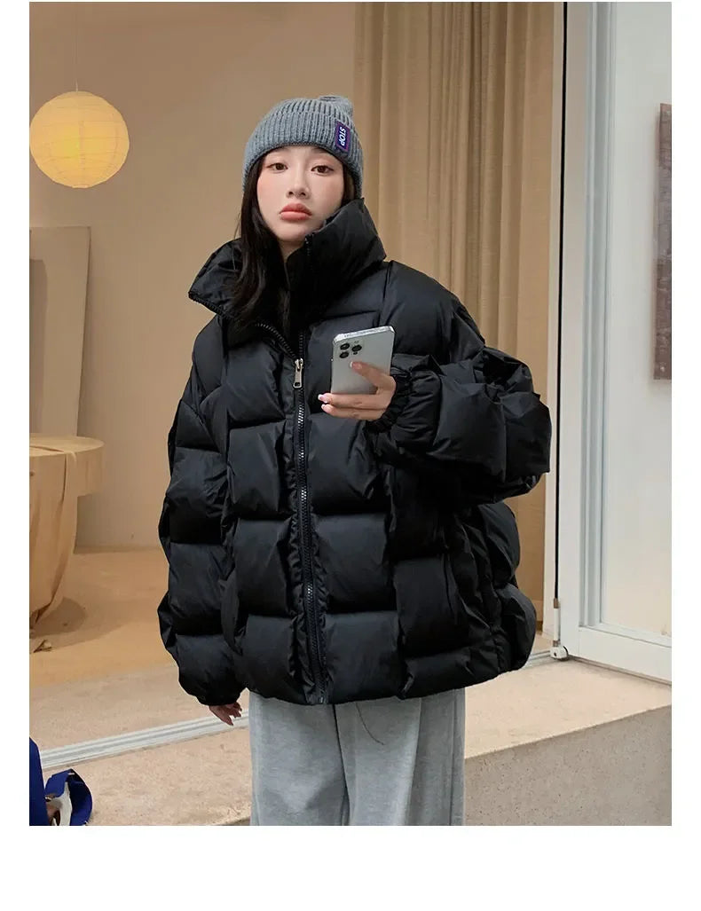 Winter Jacket for Women Three-dimensional Plaid Woven Fashion Coat Solid High Street Warm and Thick 2023 Winter New Down Jacket