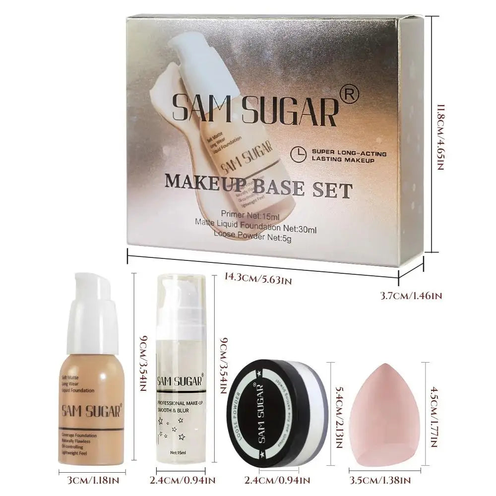 Makeup Base Set With 15ml Primer 30ml Matte Foundation 5g Loose Powder Puff For Smooth Flawless Skin Longwear