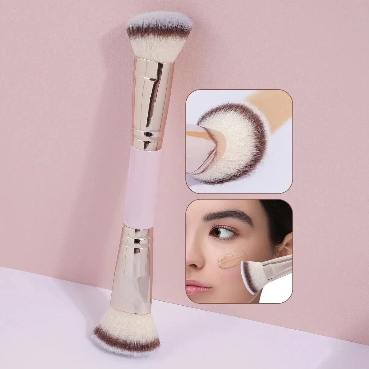 Double Head Makeup Brushes 2 In 1 Flat/Angled Foundation Concealer Contour Brush for Blending Loose Powder Liquid Cream