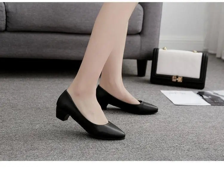 Spring Work Shoes Black Professional Women High Heels Shoes Pumps Low-heeled Leather Office Career Formal Women Shoes