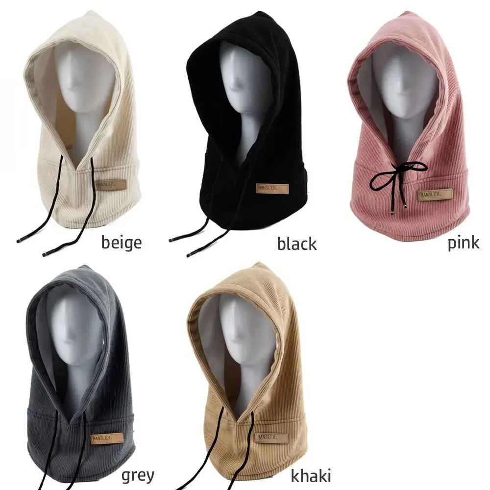 Winter Balaclava Hats For Men&Women Corduroy Hooded Caps Outdoor Warmer Drawstring Hats One-Piece Neck Collar Beanies Cap