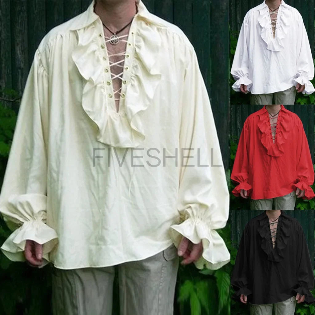 Medieval Camisa Shirts for Men Pirate White Shirts Ruffle Steampunk Gothic Costume Cosplay Renaissance Victorian Tee Tops