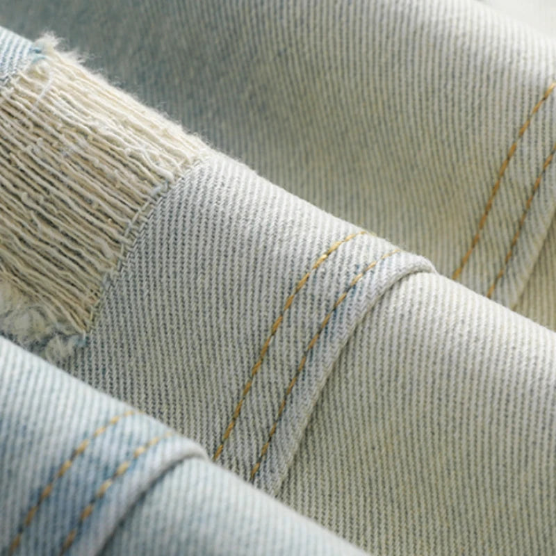 Men's Summer Ripped Jeans Loose Straight Leg Retro Men Draw Rope Port Fashion Brand All-match Casual Pants