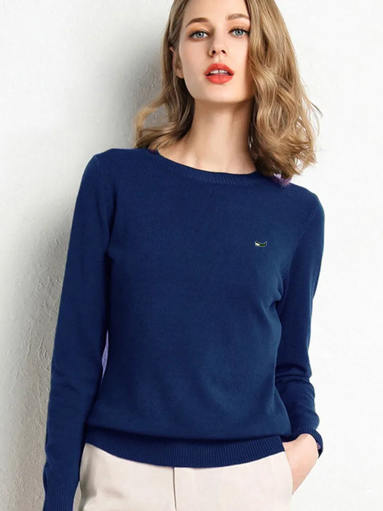 Women Autumn Winter Clothes  Neck Wool Sweater Long-sleeved Knitted Pullovers Shirt Embroidered Fish Logo Casual Sweater Tops