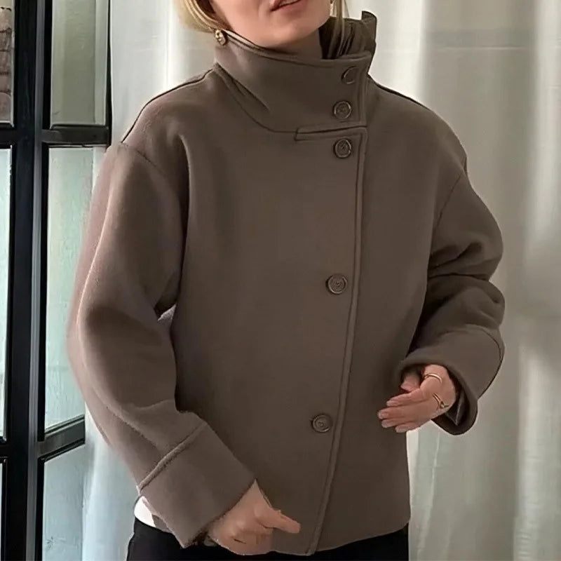 2025 Fall and Winter Women's Jacket Elegant Stand Collar Single Breasted Buttoned Loose Coat Woolen Solid Women Coat Outwears