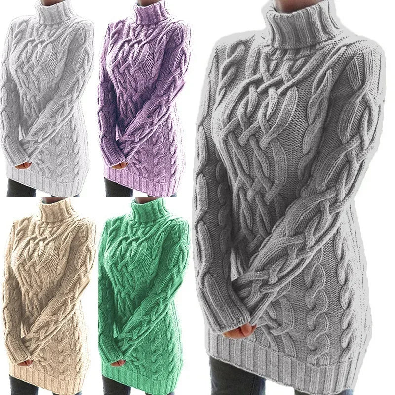 Women Fashion Long Sweater Dress High Collar Knitted Sweater Solid Color Thicken Pullovers Mini Vestidos 2024 Winter Autumn