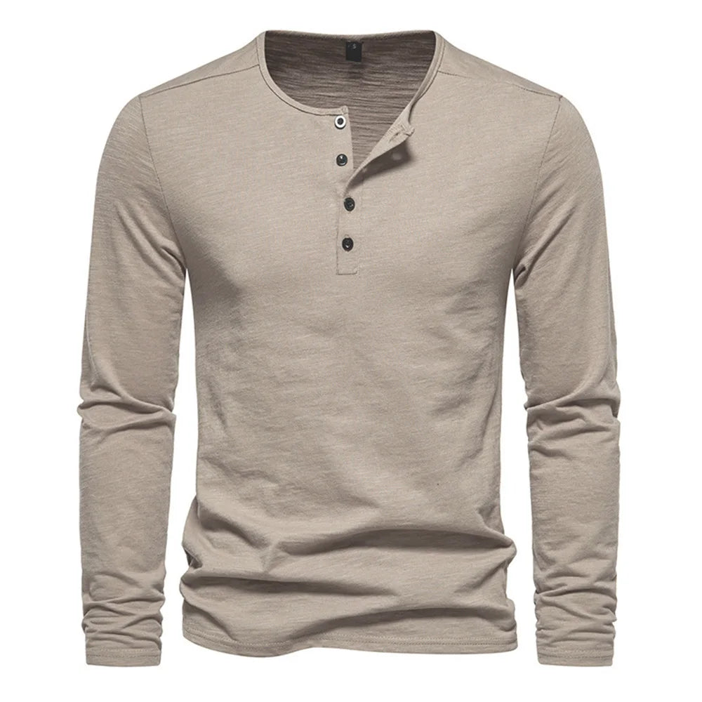 Men Long Sleeved T-shirt Cotton Slim Fit Bottoming Shirt Fitness Tops Tees Button Neck Casual Cozy Tshirt