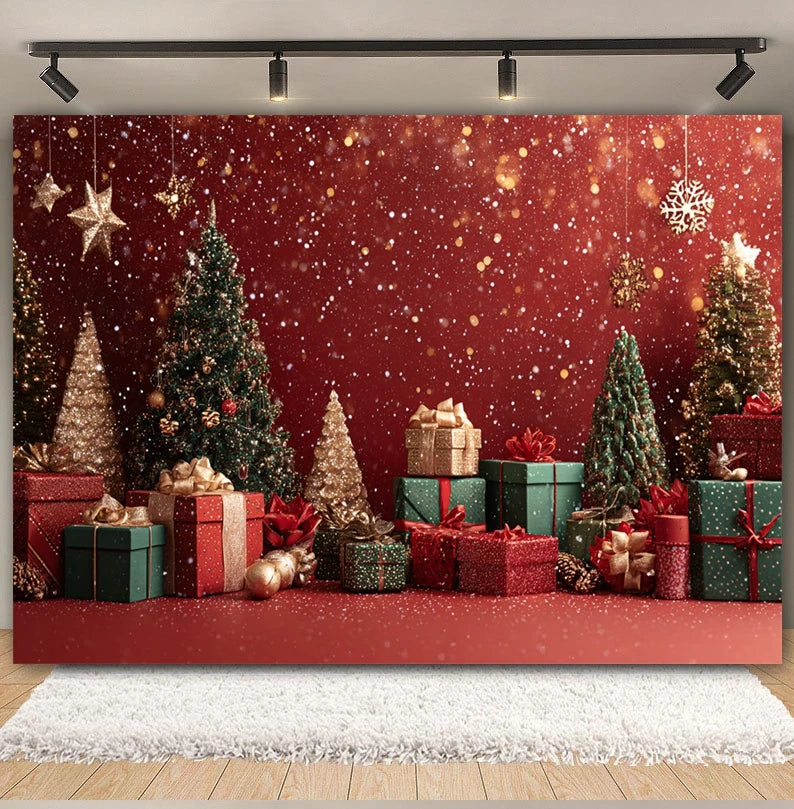 Christmas Day Decor Backdrop for Photography Xmas Tree Red Room Wall Glitter Gift Family Holiday Portrait Decor Photo Background