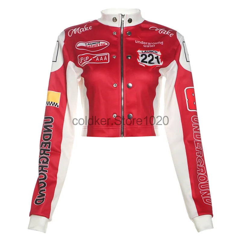 Women Fashion Hipster Pu Leather Jacket Y2K Letter Printed Hipster Motorcycle Jackets Spring Autumn Single-Breasted Casual Coat