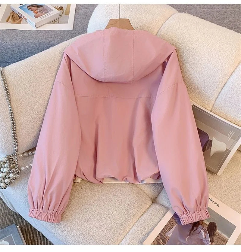 Women's Jacket Fashion Hooded Windbreaker New Spring Autumn Female Casual Short Coat Outwear Pink Green White Female Outerwear