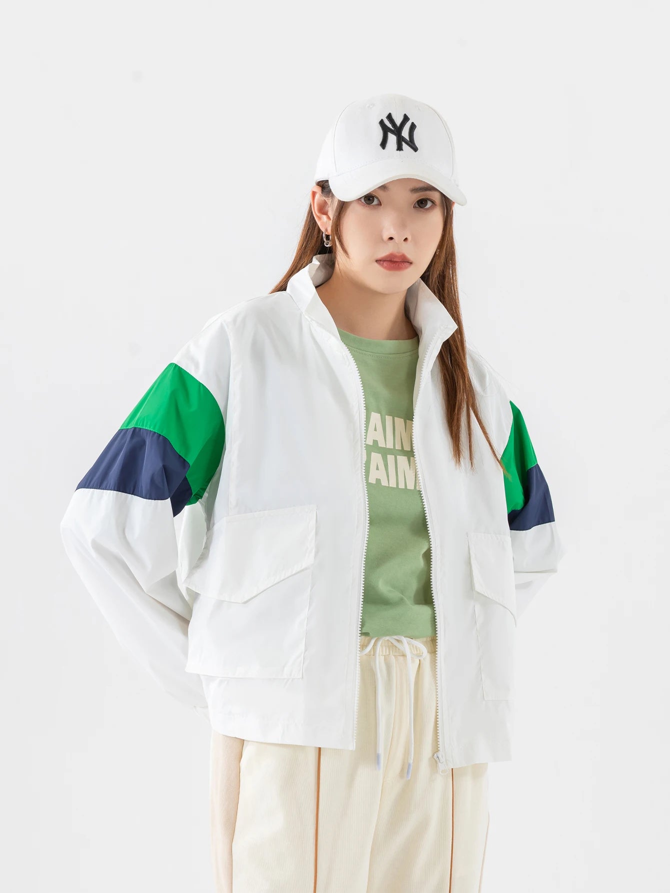 Women's Casual Jacket Color Block Windbreaker Coat Cropped junior Boomber Jacket Long Sleeves Patchwork Outerwear