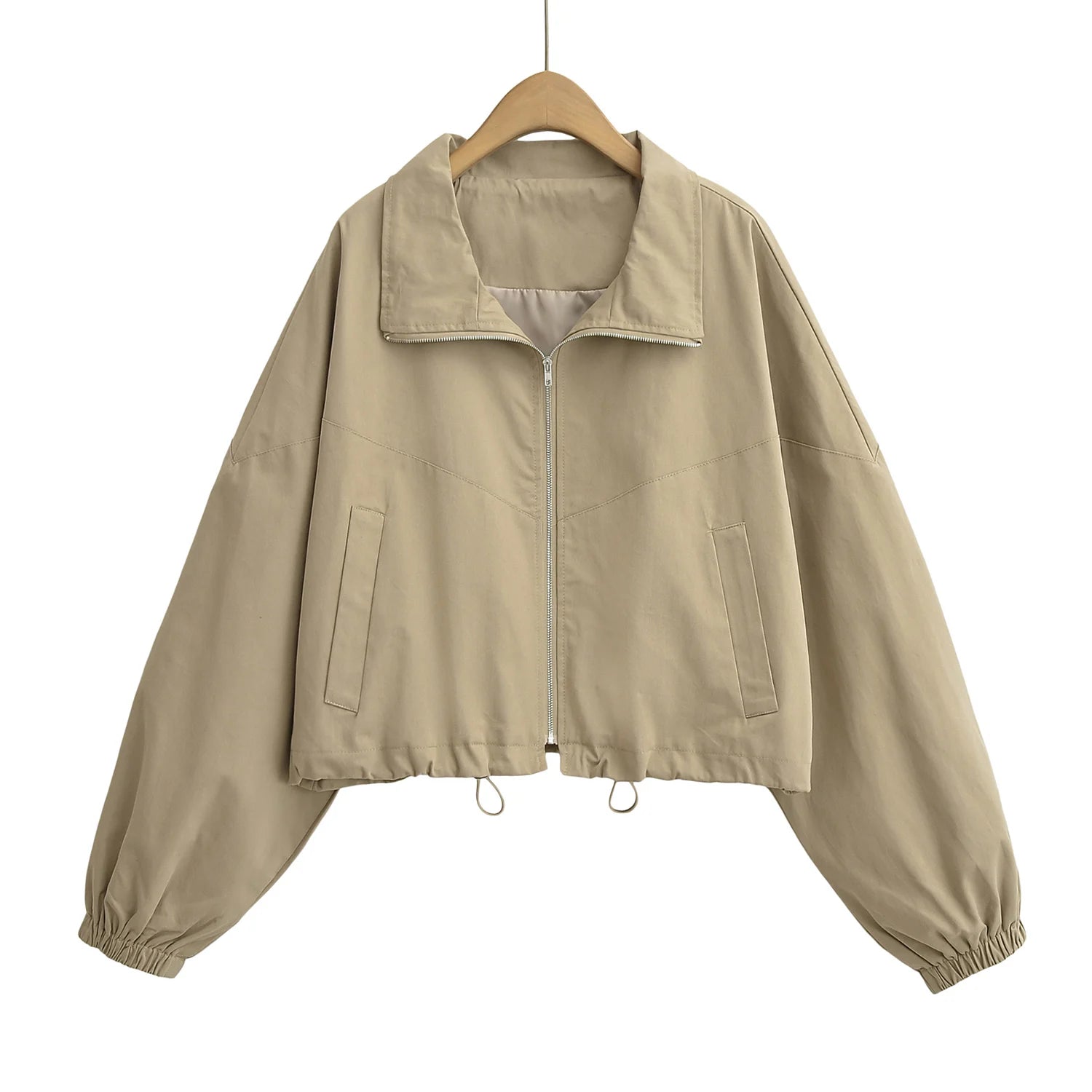 Women's Cropped Utility Jacket - Drop Shoulder Drawstring Hem Ribbed Cuffs Lightweight Cotton