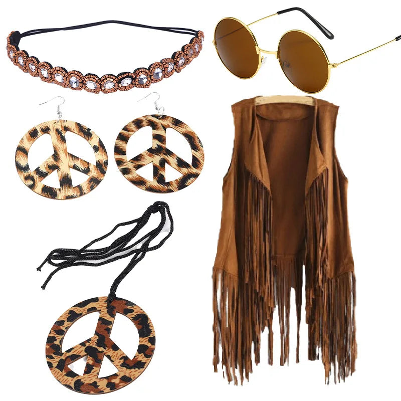 Women's Tassel Sleeveless Vest 60Ss 70s Female Hippie Disco Fringe Cardigan Peace Sign Accessories for Carnival Cosplay