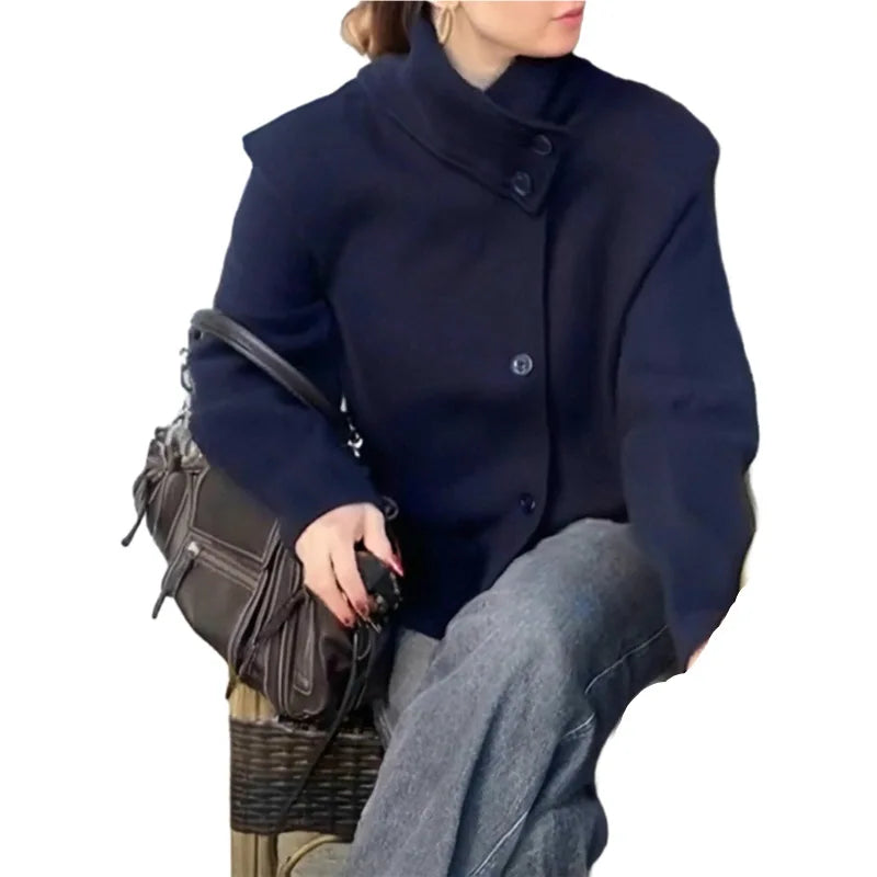 2025 Fall and Winter Women's Jacket Elegant Stand Collar Single Breasted Buttoned Loose Coat Woolen Solid Women Coat Outwears