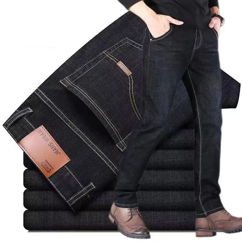 2025 men's fashion business jeans classic style casual elastic slim fit jeans men's denim pants black blue