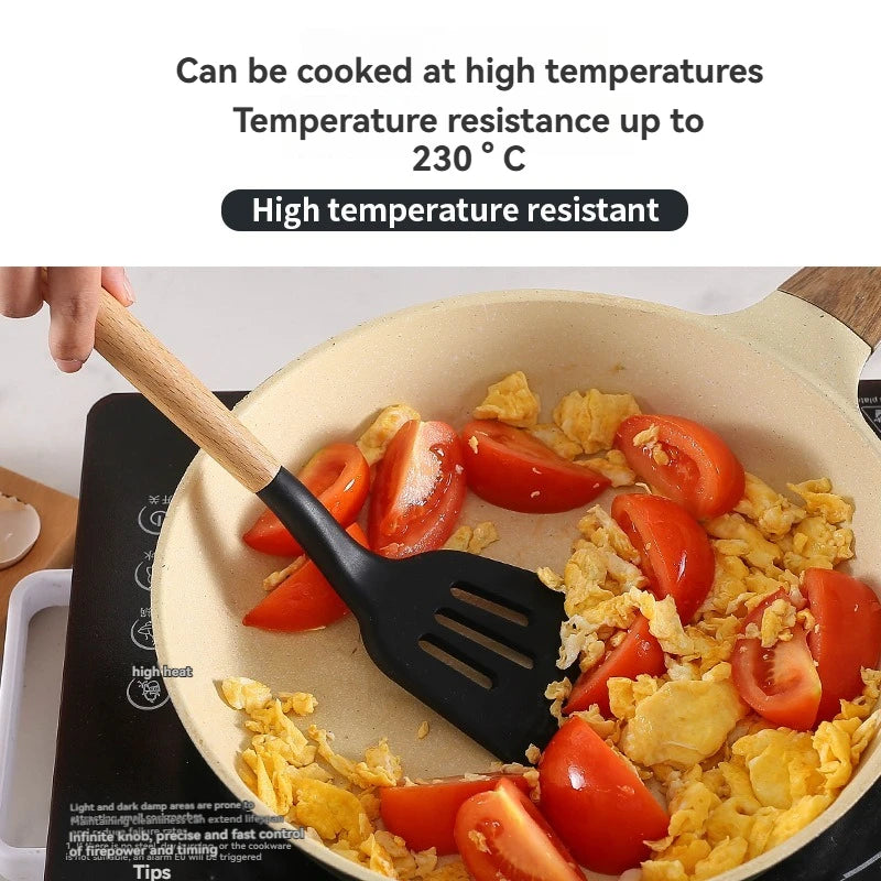 Kitchen utensil set with wooden handles, non-stick pans, food-grade cooking silicone storage set, baking and frying kitchen set