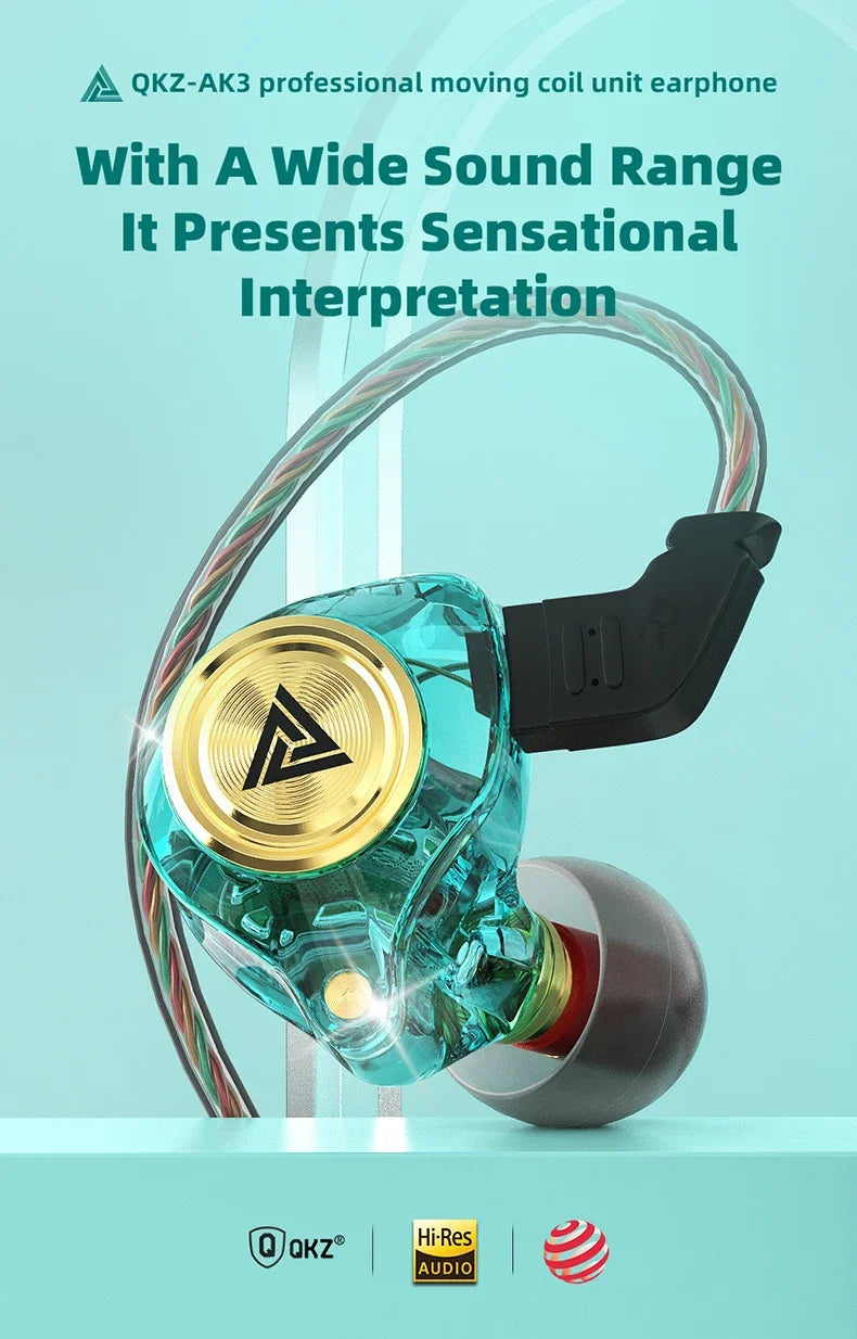 QKZ AK3 FiLe Wired Earphone with Microphone HiFi Music Monitor Bass Headphones Noise Cancelling Headset For Sport Gaming Earbuds