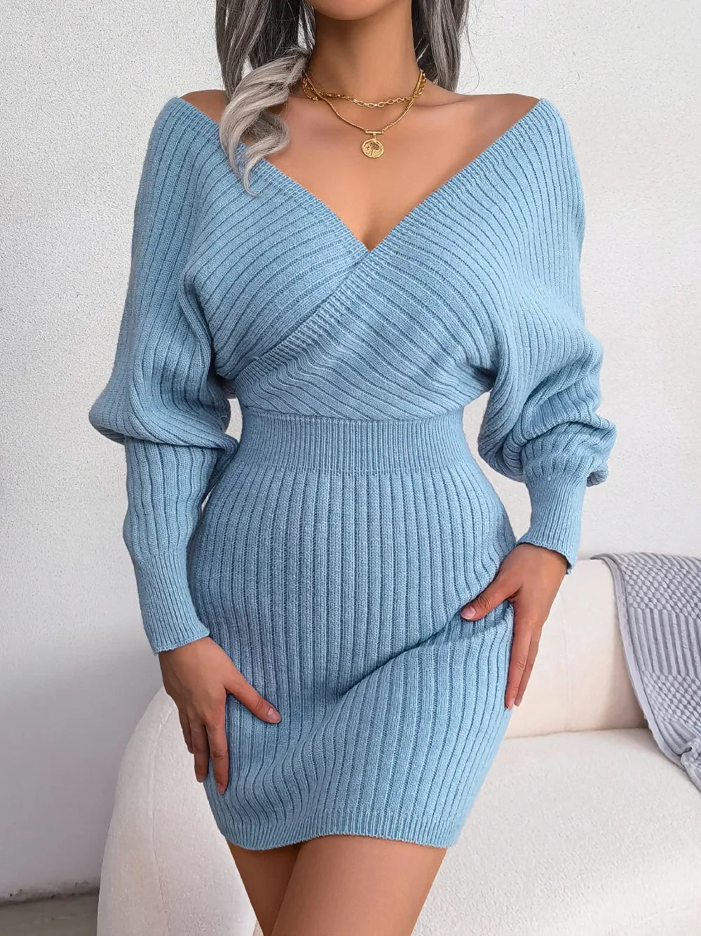 Autumn Winter Casual Sexy Cross V Neck Batswing Sleeve Dress for Women Solid Color Wrap Hip Woolen Dress