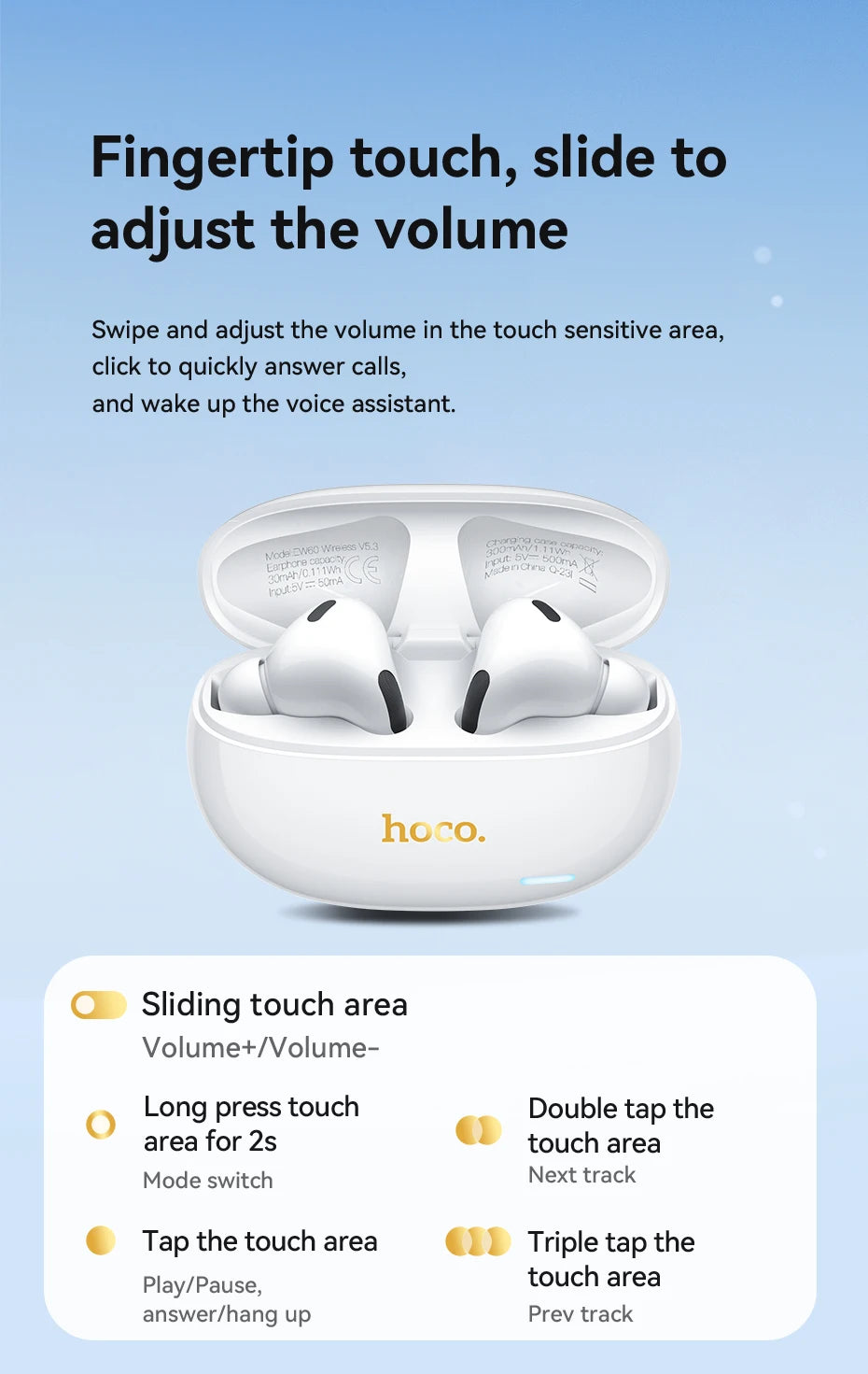 HOCO EW60 Wireless Bluetooth Headphones Tws Waterproof Earbuds Earphones HD Mic with touch Control Earbuds For Smartphones