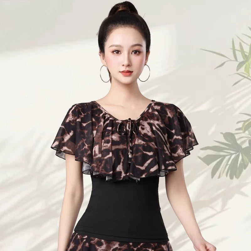 Women Samba Latin Dance Practice Suit Summer New Net Yarn Printed Modern Dance Performance Costume Square Modern Evening Dresses