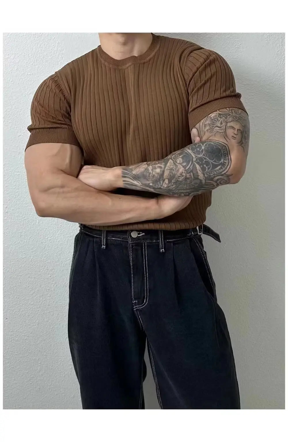 Men T-Shirts Summer Casual Fashion Quick-Drying Elastic Short Sleeve Gym Sports Fitness Bottoming Shirt Vertical Stripe T-Shirt