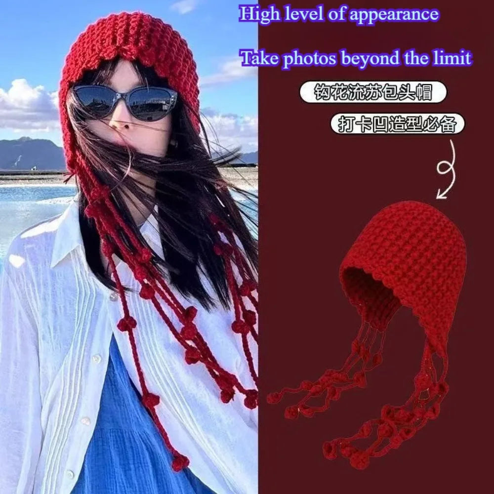 Winter Travel Red Hollow Knit Beanie Fashion Hat with Tassel Tie for Women Cold Weather Accessory