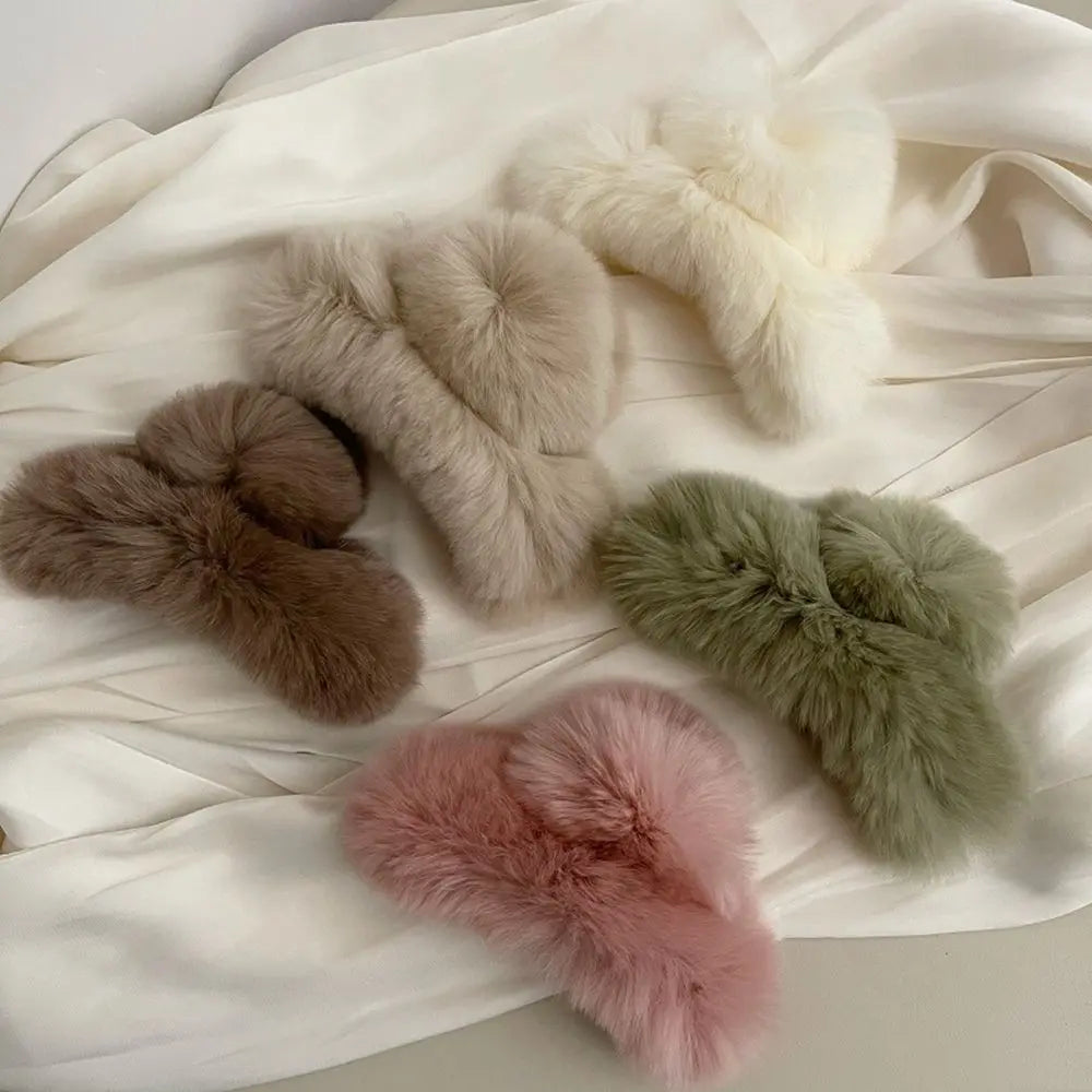 Autumn Winter Headwear Pure Color Rabbit Fur Female Hair Accessories Korean Style Hair Clip Leopard Grasp Clip Plush Hair Claw