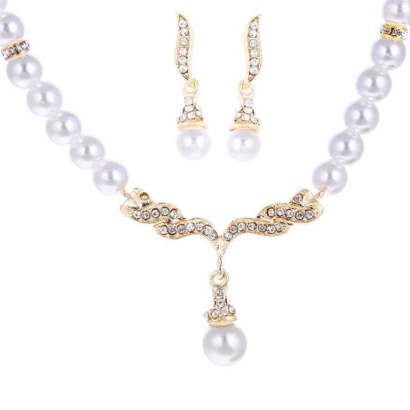 Elegant Necklace Earrings Women Fashion Jewelry Set Faux Pearl Bridal Wedding Alloy Party Studs Necklace Earrings Set