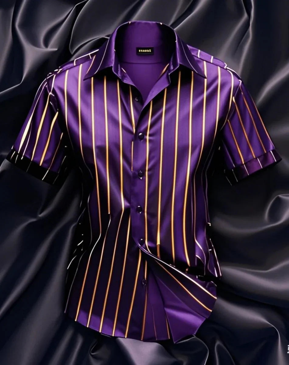 Men's fashion striped shirt, elegant casual comfortable breathable, short sleeves, lapel buttons, soft and comfortable material