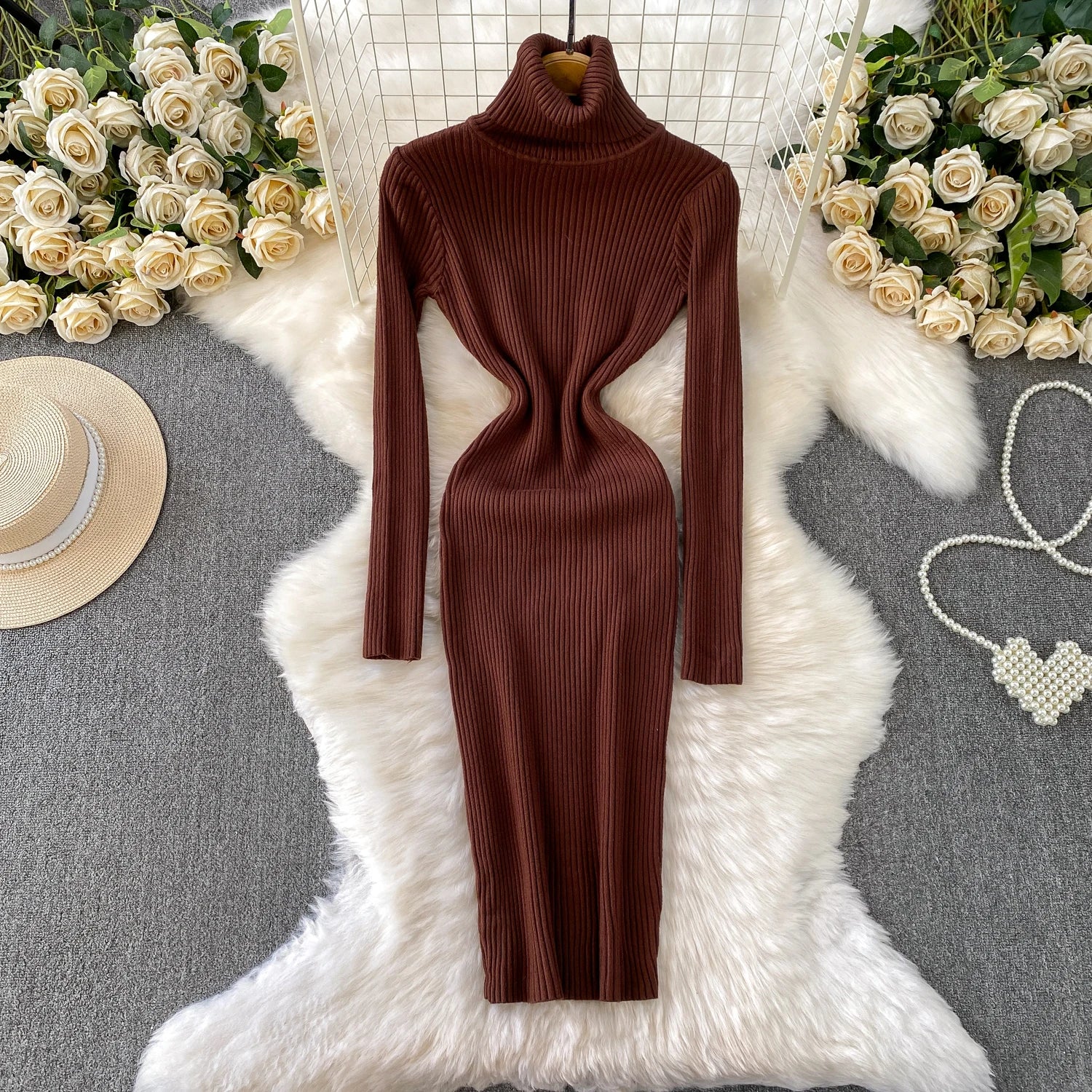 Women Winter Turtleneck Knittign Dress Stretch Slim Long Sleeve Soft Knitwear Dresses Female Casual Lining Simple Bottom Vestido