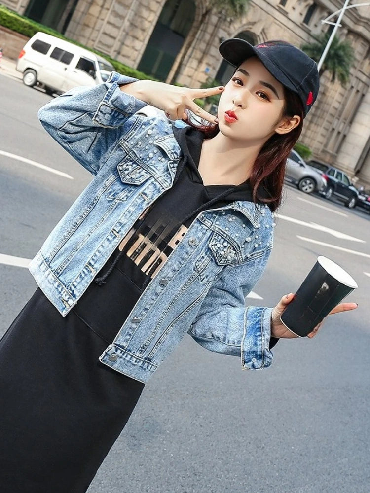 Cowboy Jacket Women's Denim Jacket Spring  Autumn New in Commuting Style Bead Fashion Casual Loose Regular Short Jacket