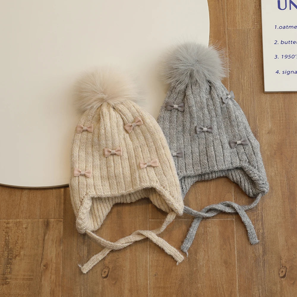Winter Baby Girls Hat Double-Layer Cute Bows Knitted Hats Ear Protection Warm Beanie Big Pompom Kids Accessories 2-6 Years Old