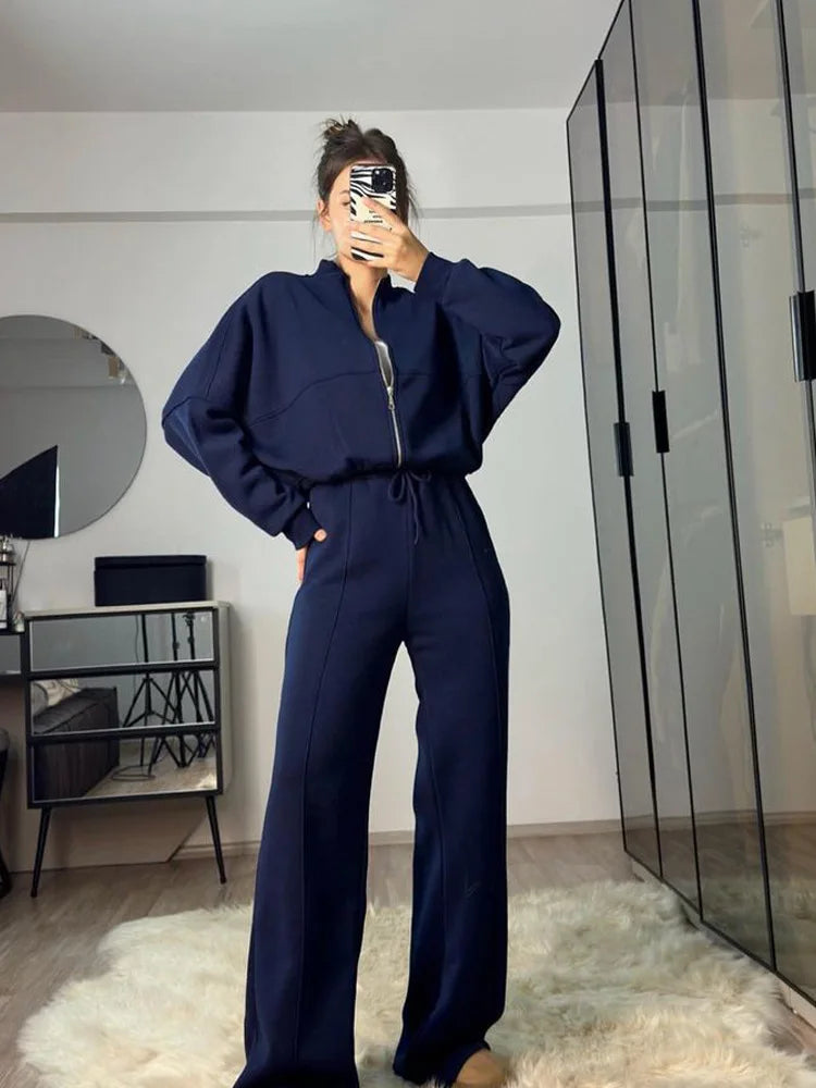 Women Sweatsuit Set Vintage O-neck Zipper Bomber Jackets High Waist Loose Pants Suit Female 2025 Spring Fashion Lady Sportswear