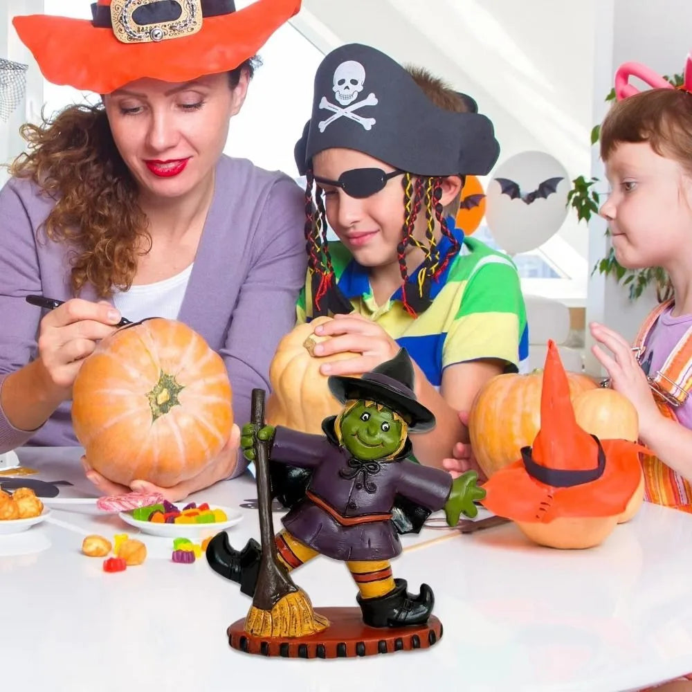 Halloween Themed Halloween Witch Figurine Resin Handicraft Desk Witch Sculpture Collectible Model Halloween Broom Witch Ornament