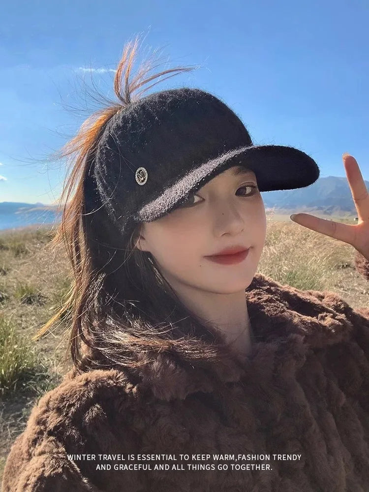 Winter Warm Headband Hat With Brim Thick Knit Cap Ponytail Hole Ponytail Opening Ear Covers Fashion Fashion Knit Hat Accessories