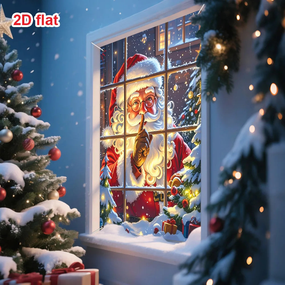 Christmas themed decoration flag, classic Santa Claus in red suit, snow windows, Christmas tree, gifts, and colorful lights