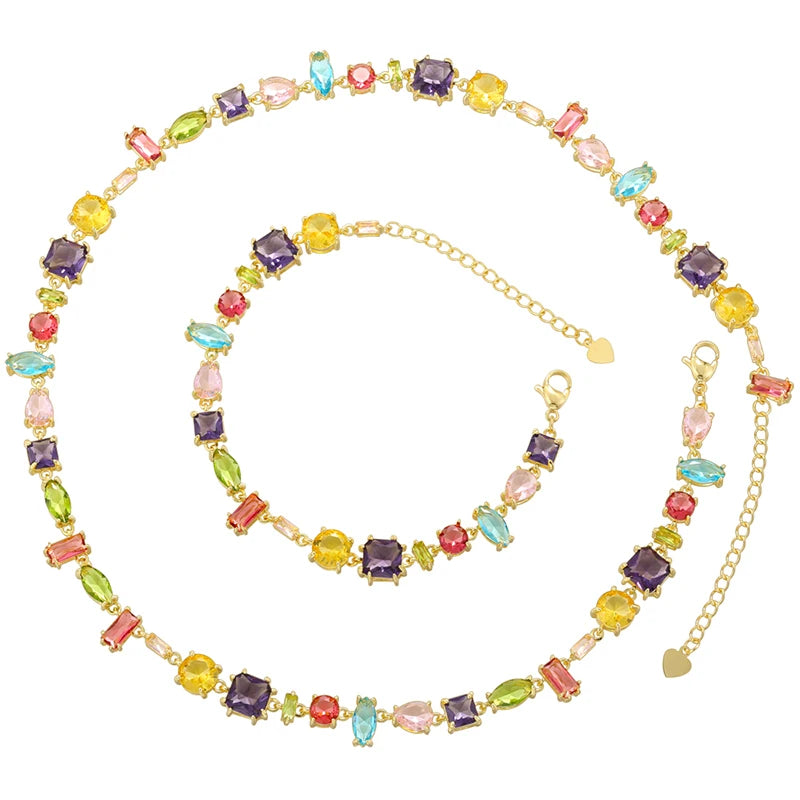ZHUKOU 18K Golden Plated Colourful Crystals Elegant Collarbone Necklace Ladies Beaded Bracelet Ladies Jewellery:VL585 VL586