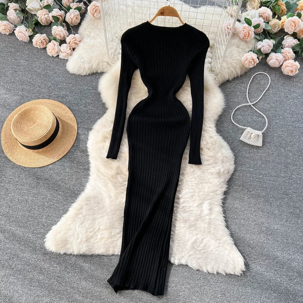 Women Knitted Dress O Neck Sexy Slim Elastic Oversized Basic Bodycon Long Dress Winter knit Warm Sweater Dresses