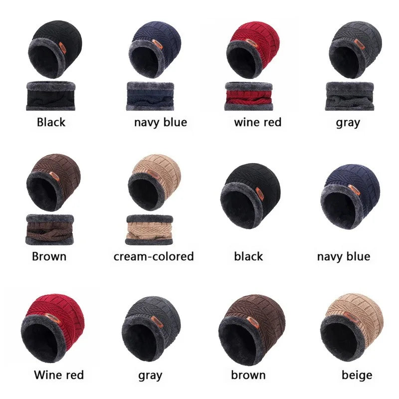Winter Hat For Men Fleece Scarf Women Neck Leather Knitted Cap Thick Wool Neck Warmer Balaclava Ski Mask Skullies Beanies