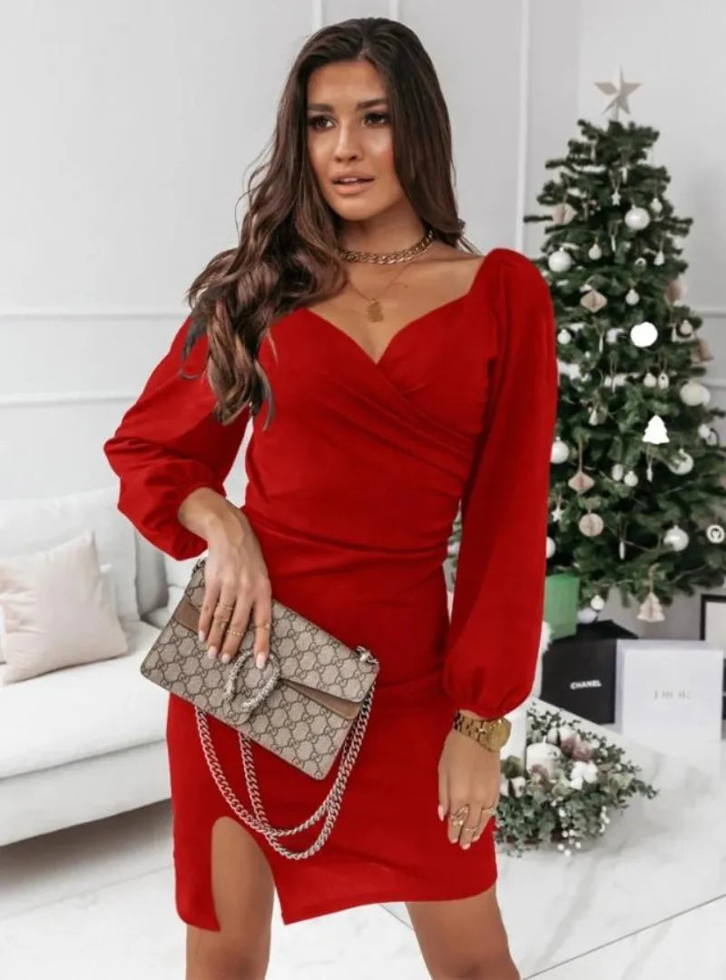 Women's Fashion  Autumn and Winter Solid Color Slim Fit  Dress Ladies  Commuter V-neck Cross Long Sleeve Pullover Dress
