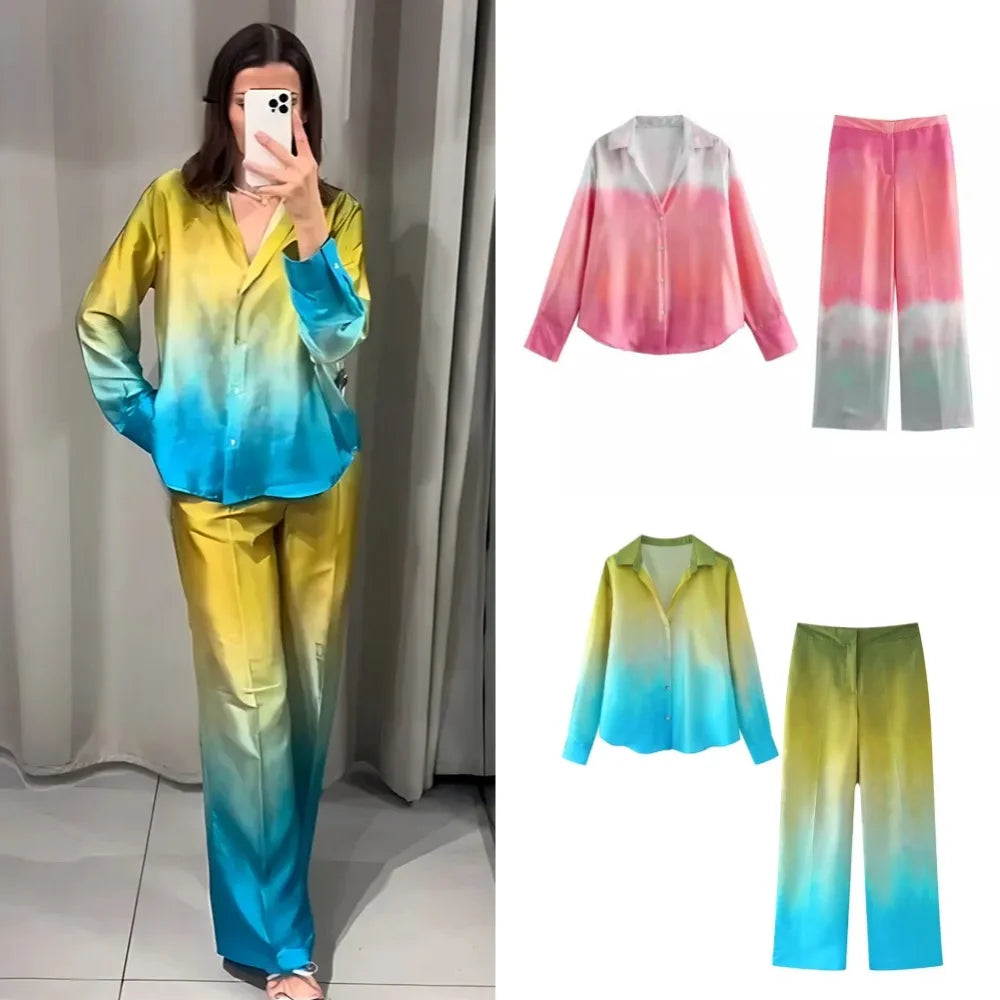 Women's Autumn Suit Tie Dye Turn-Down Collar Single Breasted Blouse+High Waist Gradient Zipper Casual Streetwear Wide Leg Pant