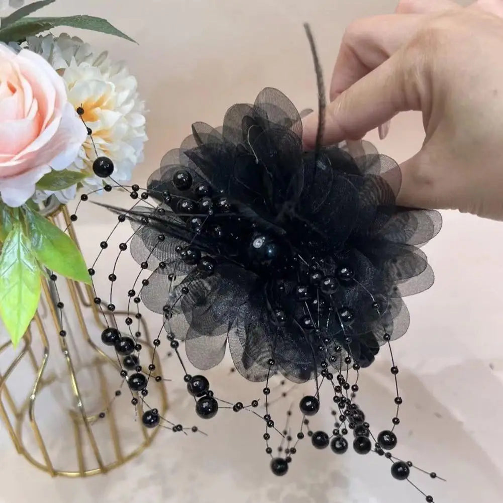 Women Fashion Hair Accessories Girls Flower Hair Claw Pleated Organza Pearls Black Feather Grip Shark Hair Clip Female Headwear