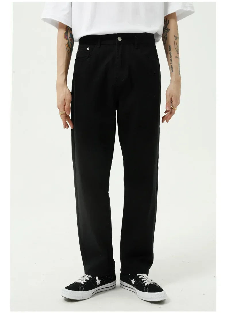 Business Men Jeans Casual Straight Stretch Pants Black and White Basic Fashion Classic Simple Work Denim Trousers Male Clothing