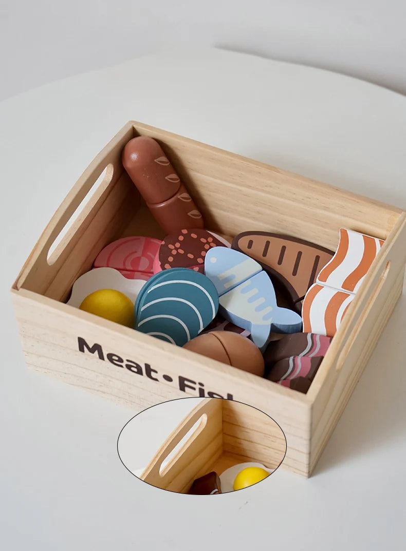 Wooden Pretend Play Kitchen Toys Cutting Food Accessories Set Fruit Vegetable Bakery Meat fish Early Educational Cognition Toys