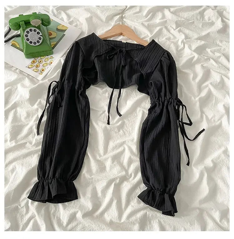 Women's Jackets Chic Folds Designer Summer Lace-up Crop Jacket Vintage Fashion Temper Sweet Girlish Long Sleeve Sun-proof Coat