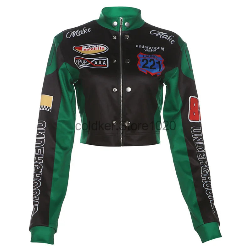 Women Fashion Hipster Pu Leather Jacket Y2K Letter Printed Hipster Motorcycle Jackets Spring Autumn Single-Breasted Casual Coat
