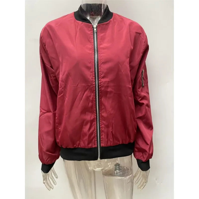 Women Fashion Casual Jacket 2025 Autumn Solid Color Spring Coat Long Sleeve Stand Collar Zipper Basic Women Motorcycle Jackets