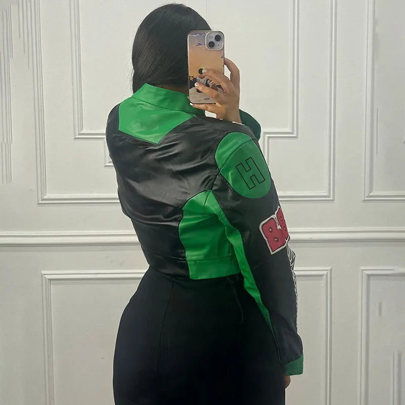 Women Fashion Hipster Pu Leather Jacket Y2K Letter Printed Hipster Motorcycle Jackets Spring Autumn Single-Breasted Casual Coat