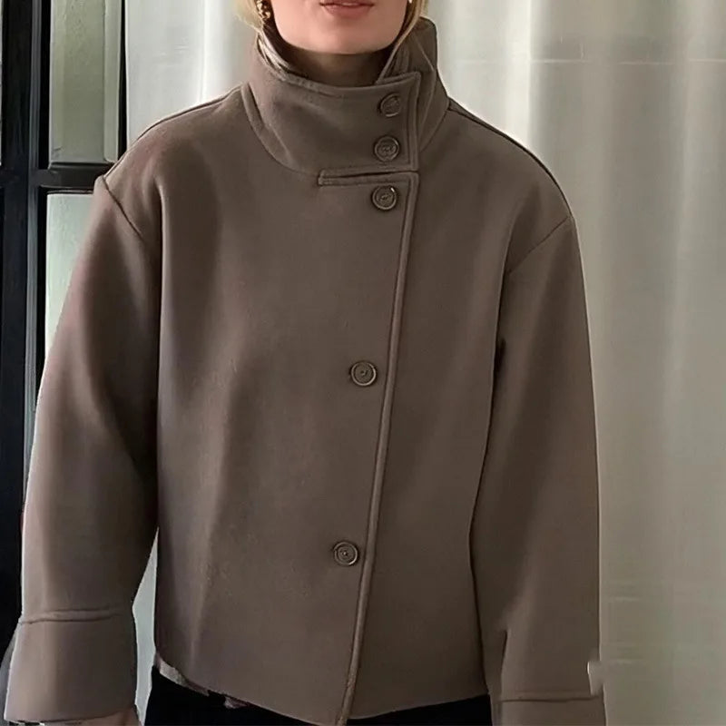 2025 Fall and Winter Women's Jacket Elegant Stand Collar Single Breasted Buttoned Loose Coat Woolen Solid Women Coat Outwears